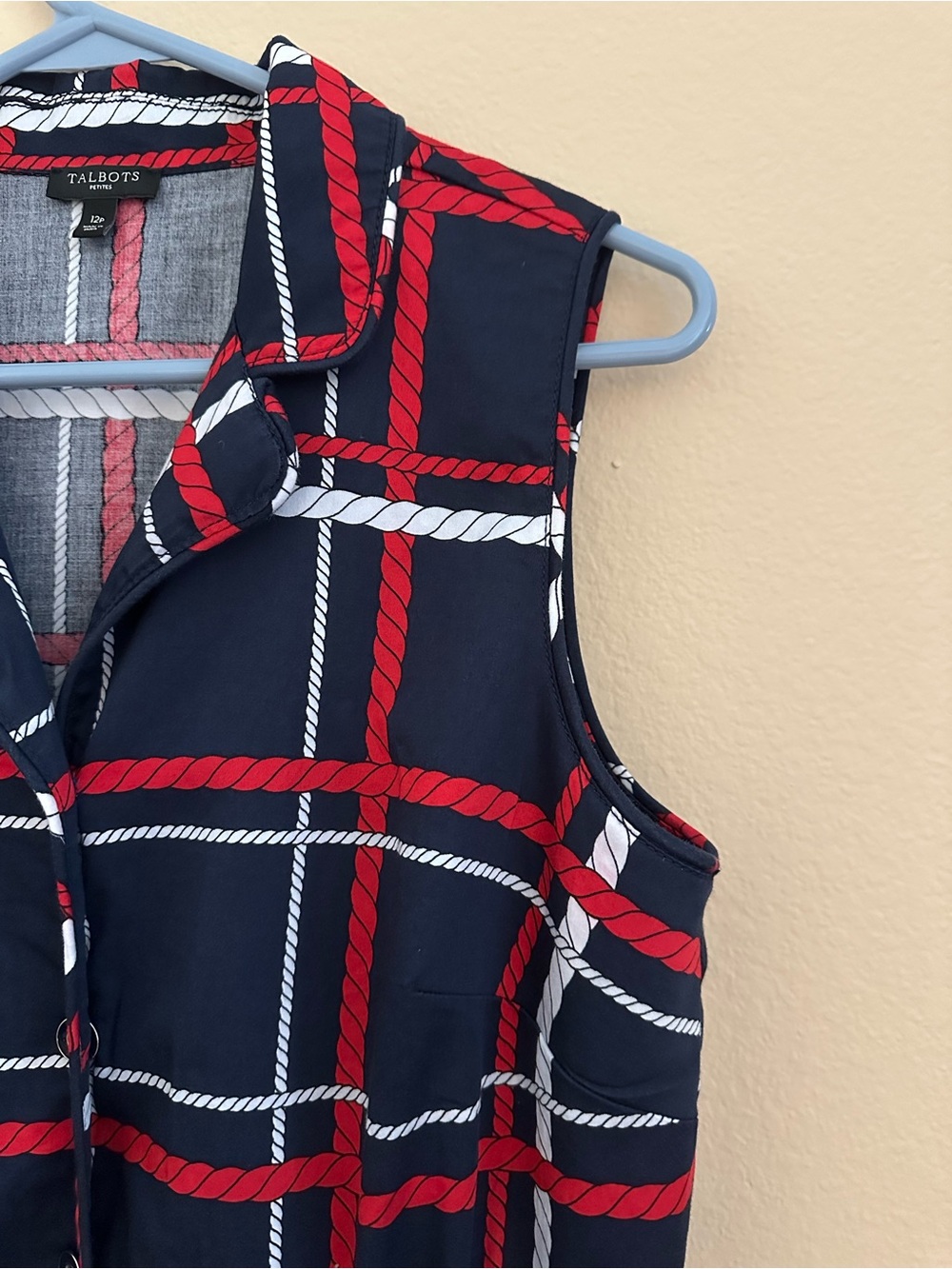 Talbots Navy Sleeveless Plaid Shirt Dress with Red and White Trim - Picture 3 of 16
